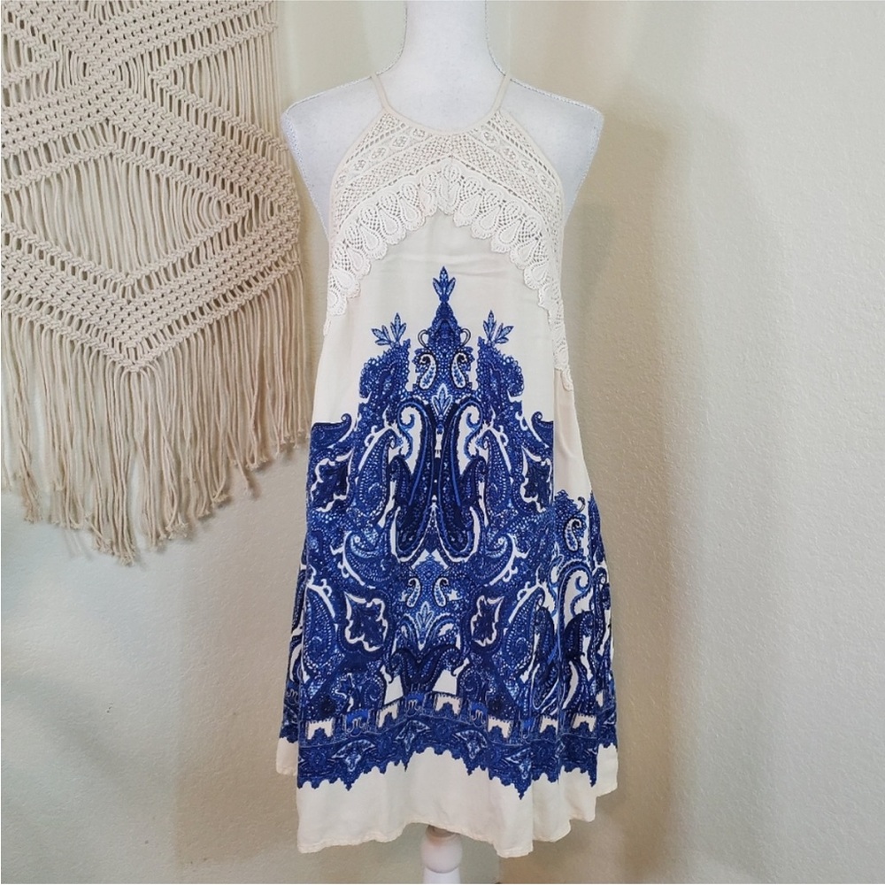 Free People | Intimately SHEA crochet, white & blue paisley dress | Size Medium